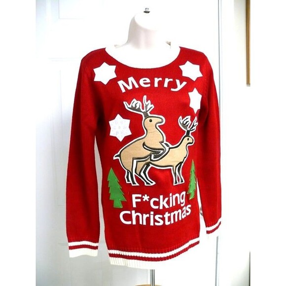 SWEATERLAB merry f*cking christmas funny ugly gag sweater reindeer holiday SMALL - Picture 1 of 9